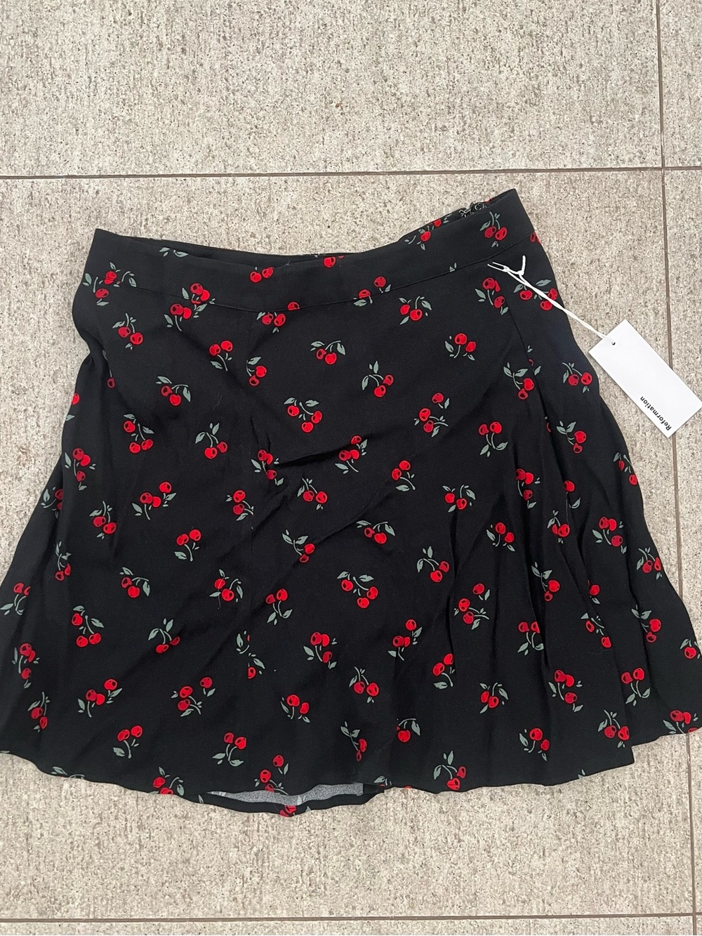 Reformation Black Mini Skirt with Red Cherry Print